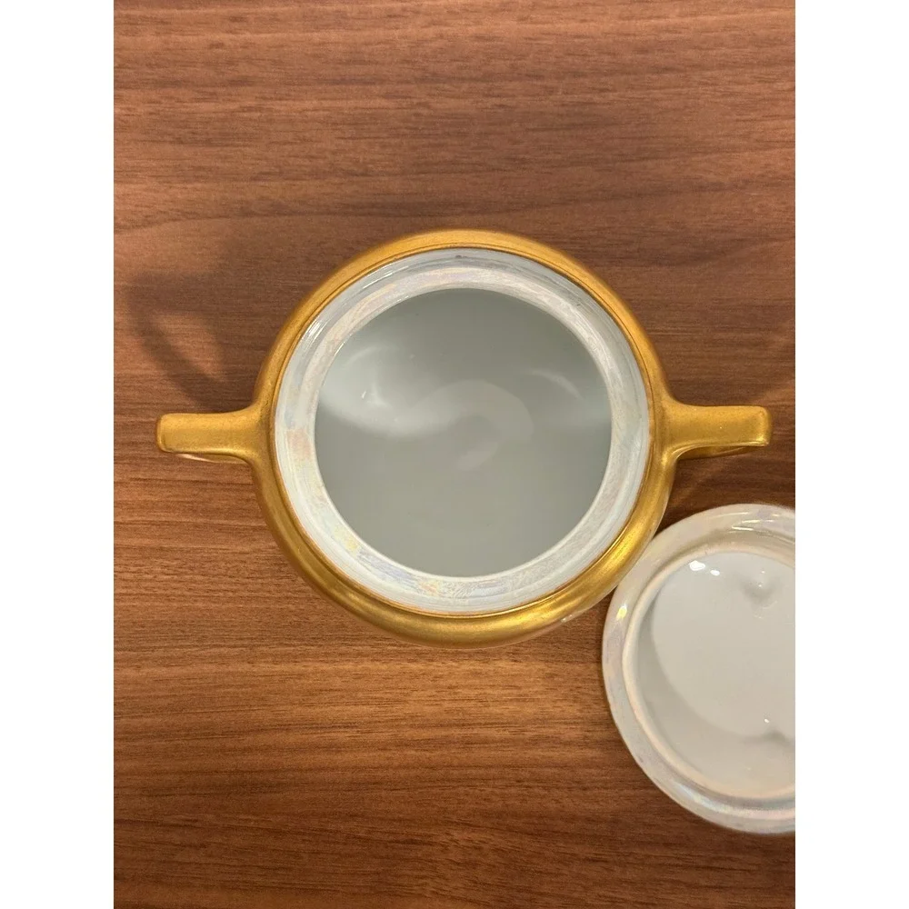 VTG 1940s Germany F.D. Husf Cream Gold Gilding Trim Sugar Bowl Lid & Creamer Set